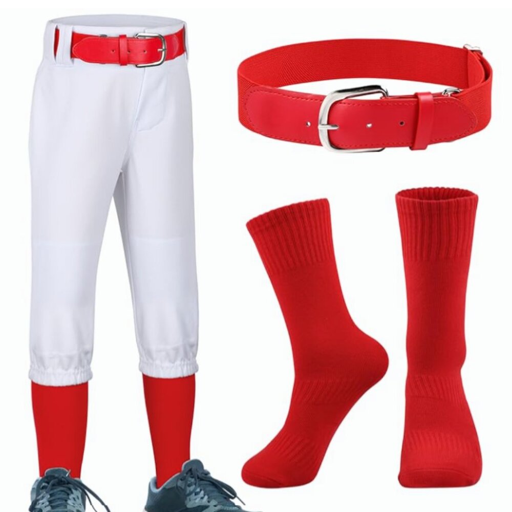 Resinta Baseball Pants White w Red Socks & Belt Youth Size 5T NWOT
